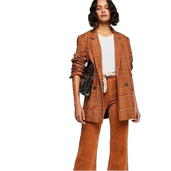 Free People Sporty Girl Uptown Blazer Caramel Brown Plaid Long Lines Size XS - Picture 6 of 12